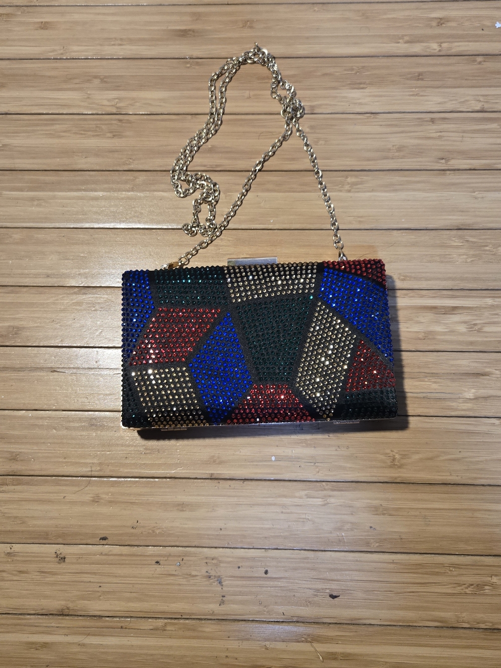 Multicolor Rhinestone Geometric Clutch with Gold Chain - Picture 8 of 8